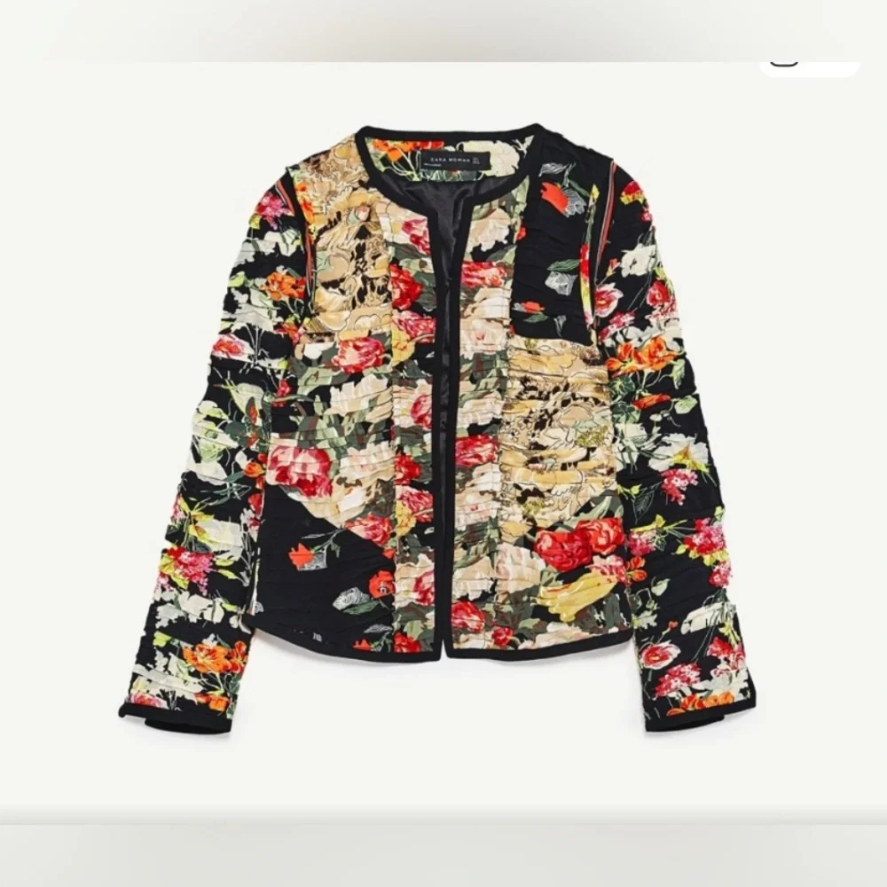 Zara Floral Patchwork Black Multicolor Blazer Jacket - Picture 4 of 9